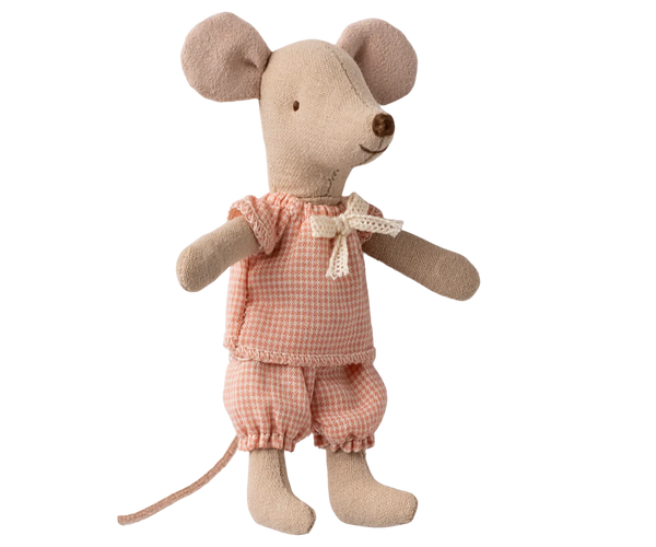 Stuffed mouse toy wearing a pink checkered outfit on a white background