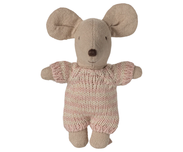 Mouse toy with a knitted pink sweater on a white background