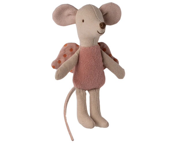 Stuffed fairy mouse toy with a pink dress on a white background