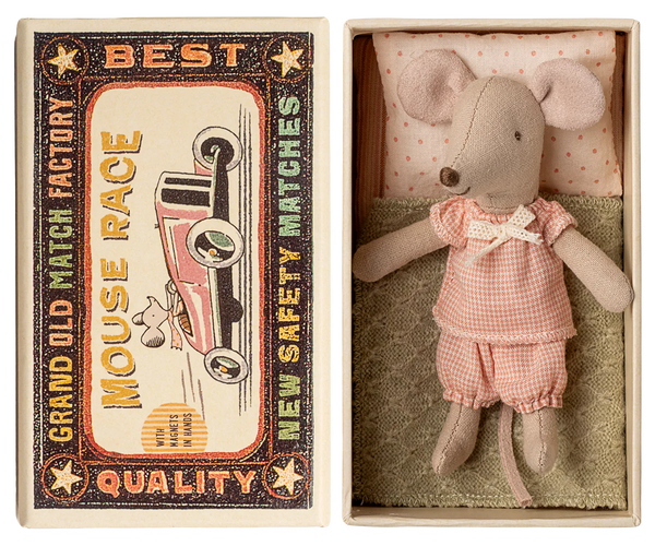Stuffed mouse toy in a matchbox with a vintage-style matchbox design.