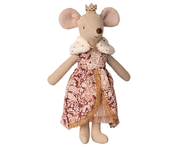 Stuffed mouse toy with a patterned dress and crown on a white background
