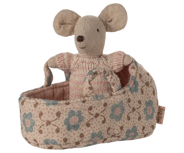 Textile mouse toy with a floral-patterned basket on a white background