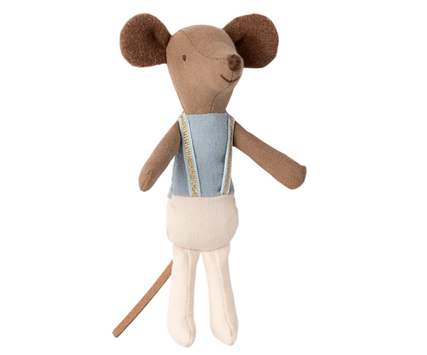 Stuffed toy mouse with a vest and pants on a white background