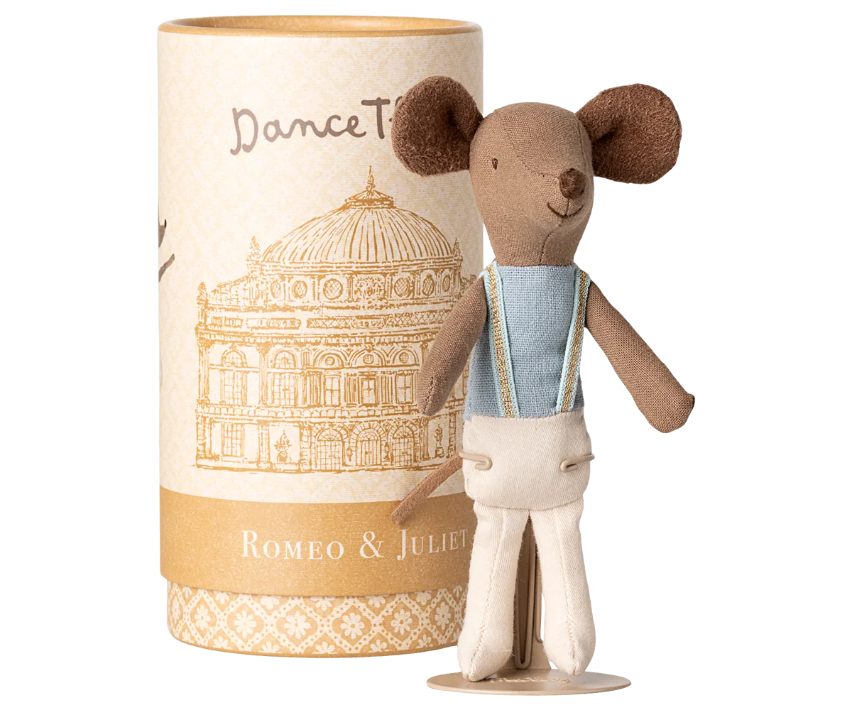 Stuffed toy mouse in a costume standing next to a cylindrical packaging with architectural design and text.