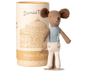 Stuffed toy mouse in a costume standing next to a cylindrical packaging with architectural design and text.