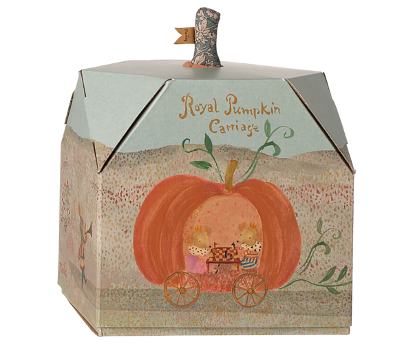 Decorative pumpkin-shaped box with a carriage design and 'Royal Pumpkin Carriage' text on a white background.