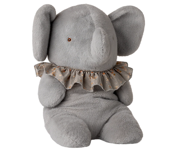 Grey plush elephant toy with a ruffled collar on a white background