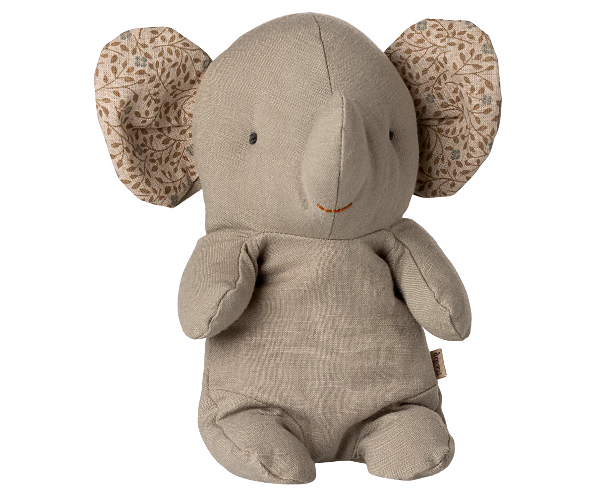 Plush elephant toy with patterned ears on a white background
