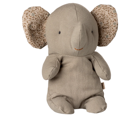 Plush elephant toy with patterned ears on a white background