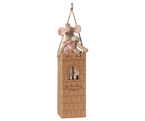 Wooden toy castle with a queen mouse on top, hanging from a rope.