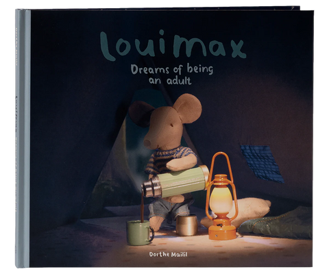 Book titled 'Louimax Dreams of Being an Adult' with a mouse character holding a lantern and a cup.