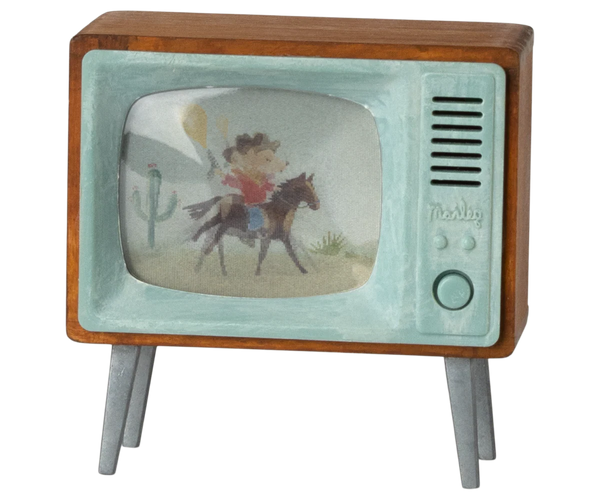 Vintage-style toy television with a cowboy on a horse screen