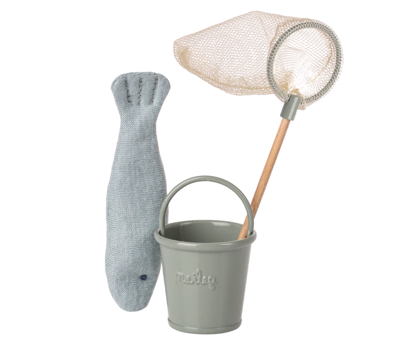 Children's toy set with a grey fish, bucket, and net on a white background