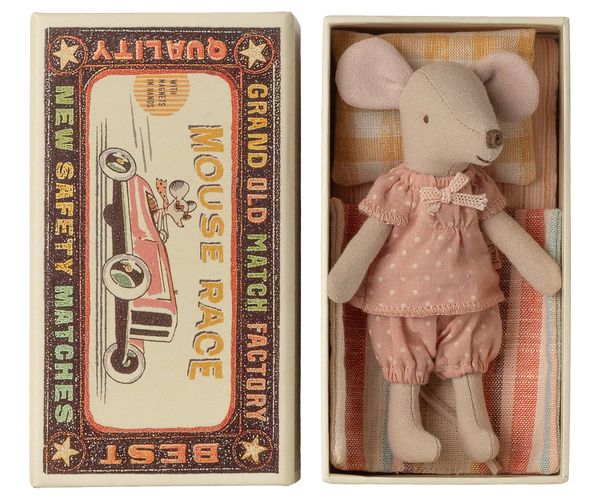 Stuffed mouse toy in a matchbox with vintage-style packaging