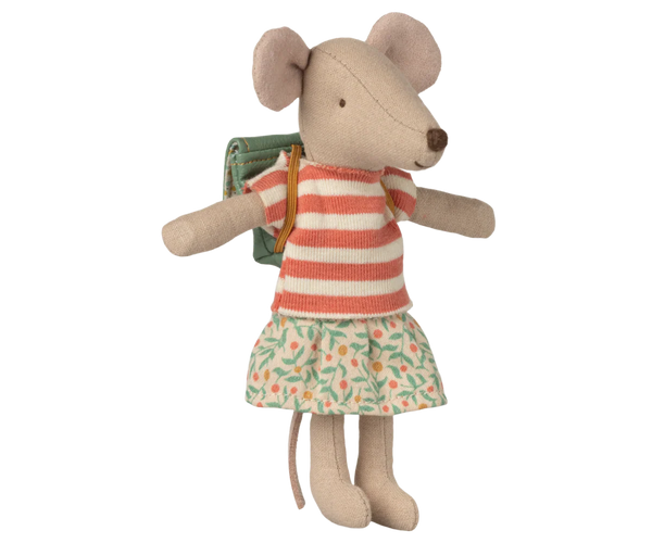 Stuffed mouse toy wearing a striped top, floral skirt and wearing a backpack on a white background