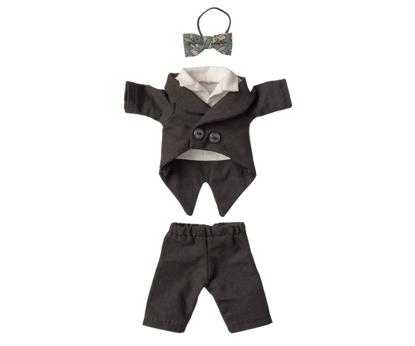 Mouse groom outfit with jacket, trousers and bow tie on a white background