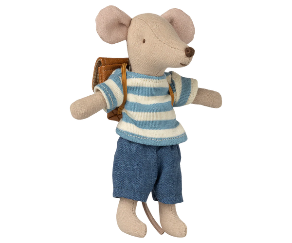 Stuffed mouse toy wearing a striped sweater and shorts with a backpack on a white background