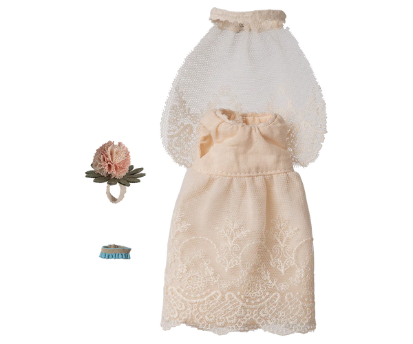 Vintage-style lace wedding dress for a mouse with matching headband and garter on a white background