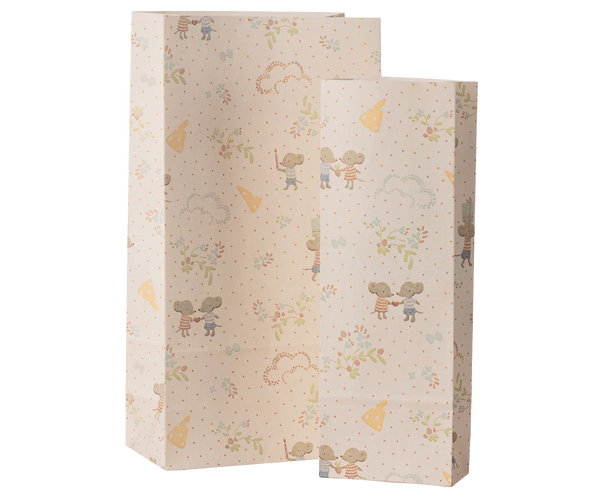 Two patterned gift bags with illustrated mice on a white background