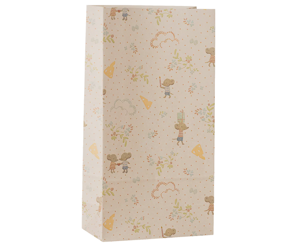 Beige paper bag with illustrated mice and floral pattern on a white background