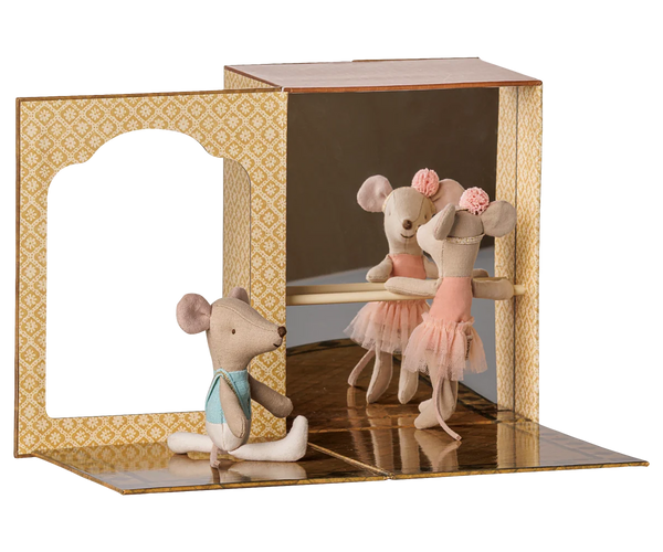 A miniature ballet-themed mouse toy set featuring two small plush mice, including one in a pink tutu posing in front of a mirrored studio backdrop with a wooden barre.