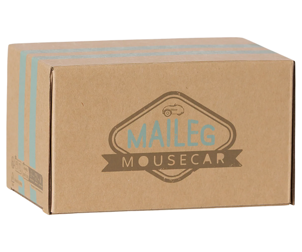 A brown cardboard box for a 'Maileg Mousecar' with light blue stripes on the left side and a dark brown printed logo on the front, isolated on a white background.