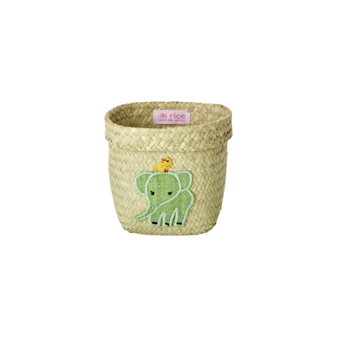 Extra Small Elephant Embroidery Round Raffia Storage Basket - Rice DK