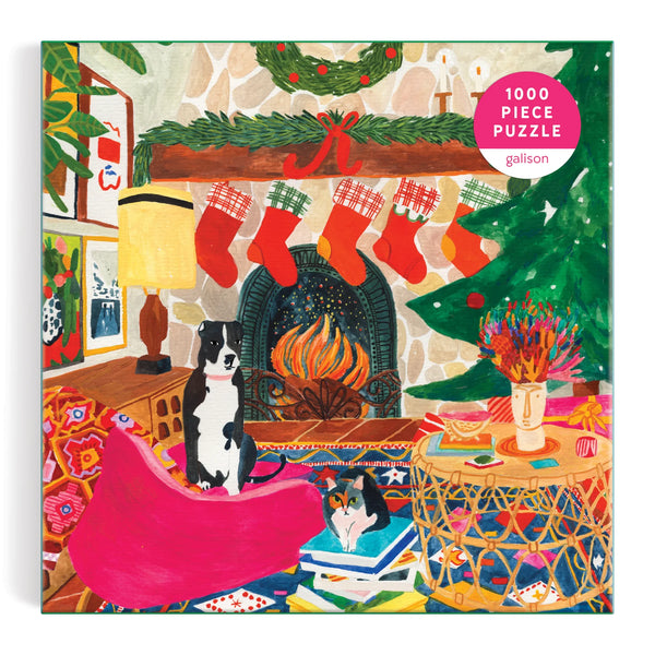 Christmas-themed puzzle packaging with a fireplace, stockings, and dogs.