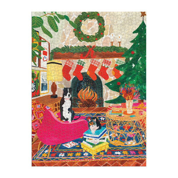 Jigsaw puzzle with a festive scene featuring a fireplace, stockings, and a dog on a pink chair.