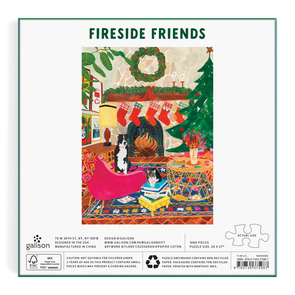 Fireside Friends puzzle packaging with a festive scene of a living room with stockings, a dog, and a cat.