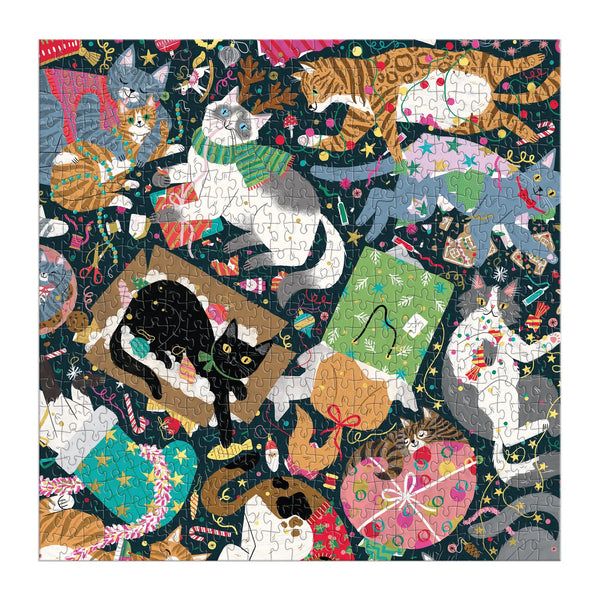 Jigsaw puzzle with various cat illustrations on a colourful background