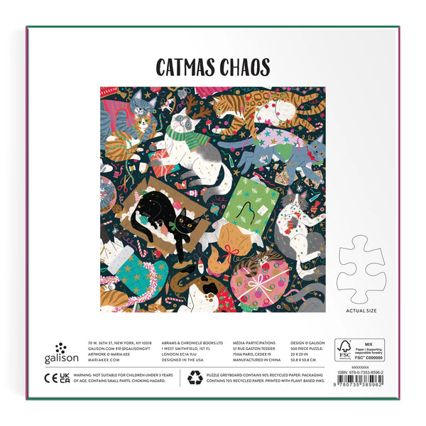 Puzzle box with 'Catmas Chaos' design featuring cats in various poses and colours, with Galison branding.