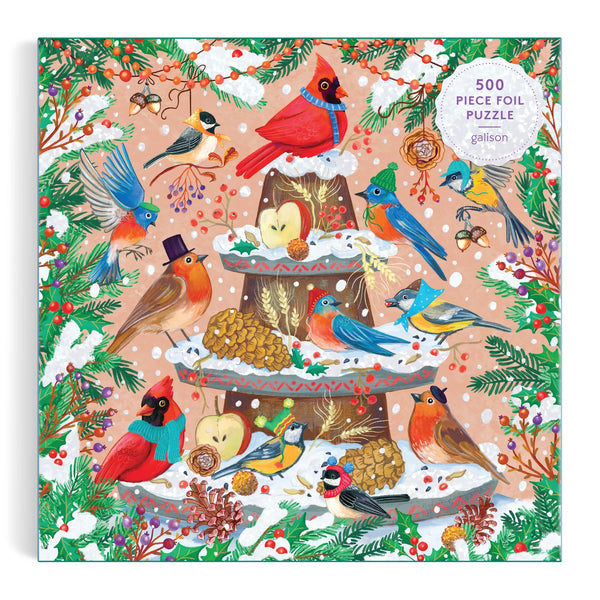 Foil puzzle packaging with birds and a bird feeder design