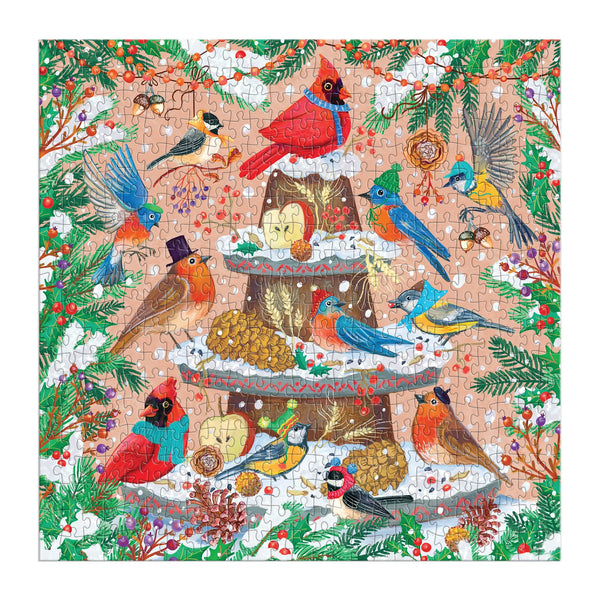 Jigsaw puzzle with colourful birds and a cake design on a white background
