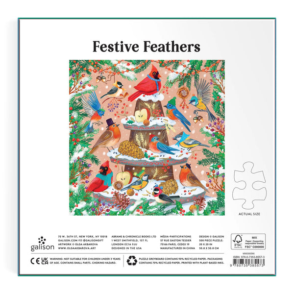 Jigsaw puzzle packaging with 'Festive Feathers' design featuring birds and Christmas elements.
