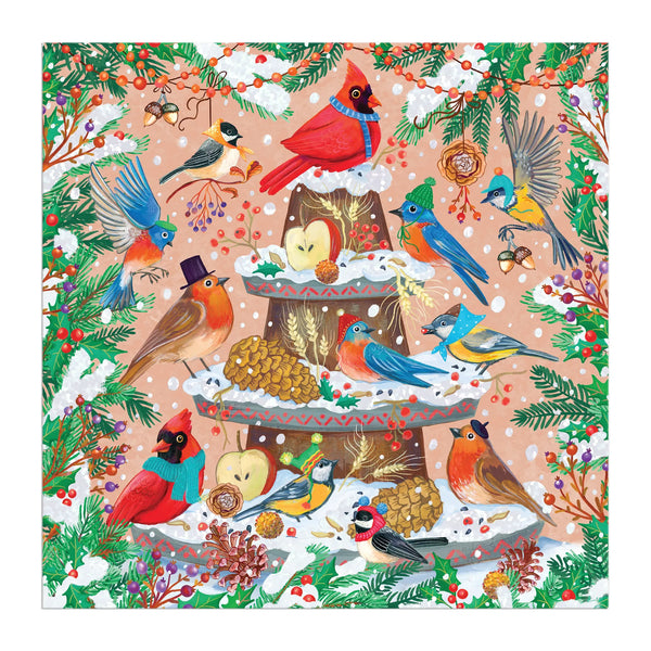 Colourful Christmas-themed illustration with birds, a cake, and festive elements.