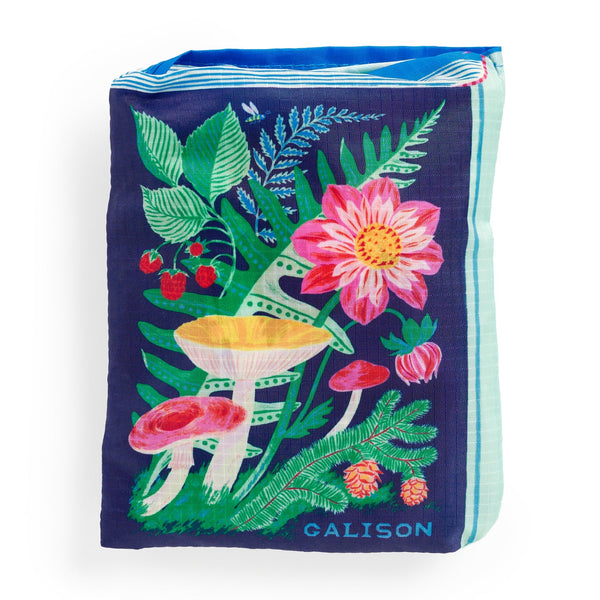Folding bag in a bag with floral and mushroom design on a white background