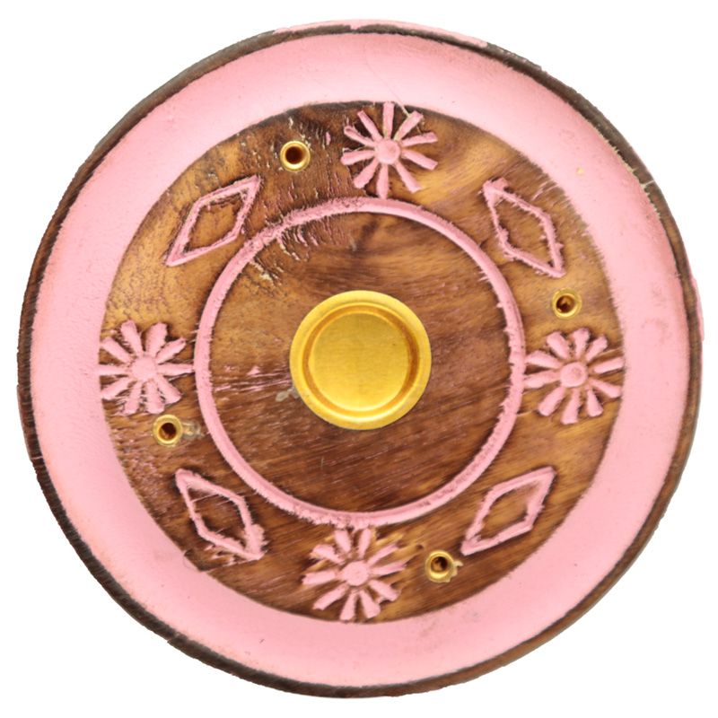 Mango Wood Round Pink Painted Flower Ashcatcher Incense Burner