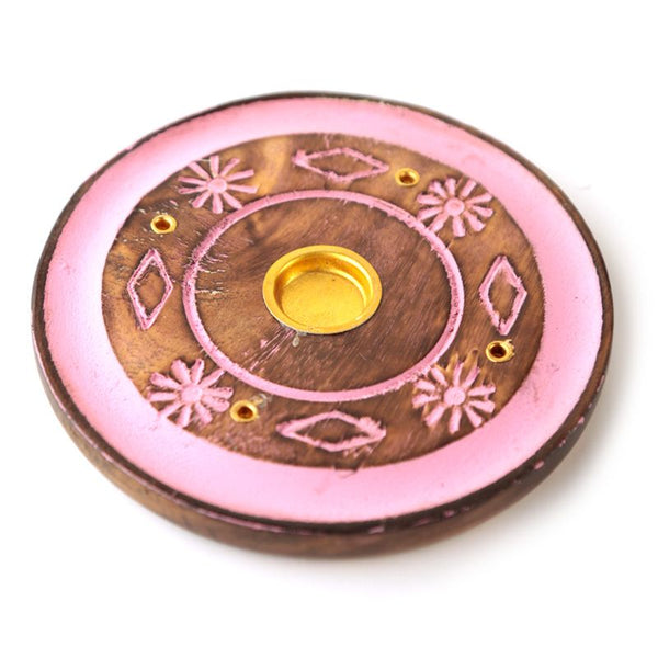 Mango Wood Round Pink Painted Flower Ashcatcher Incense Burner