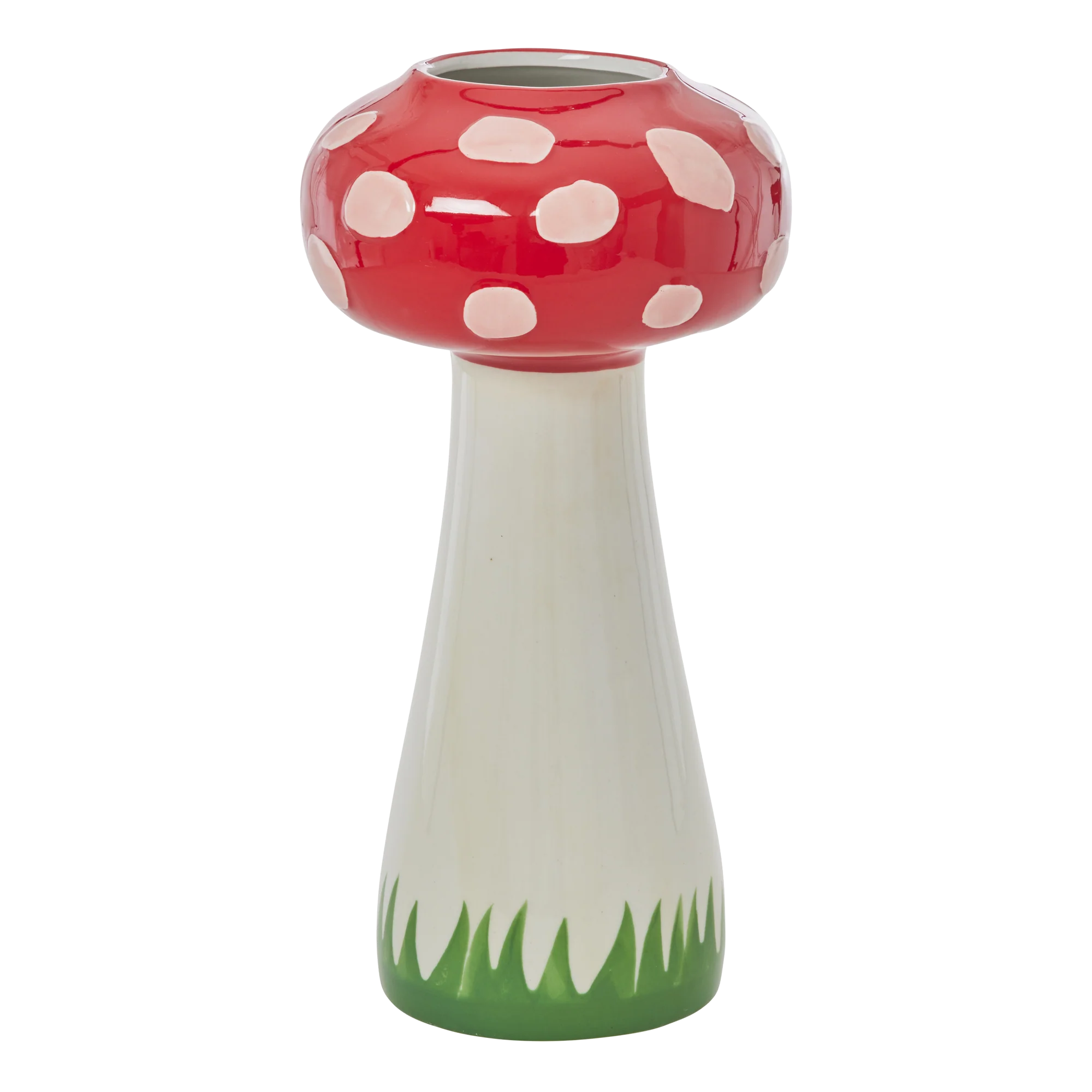 Mushroom-shaped vase with red cap, white spots, and green base on a white background