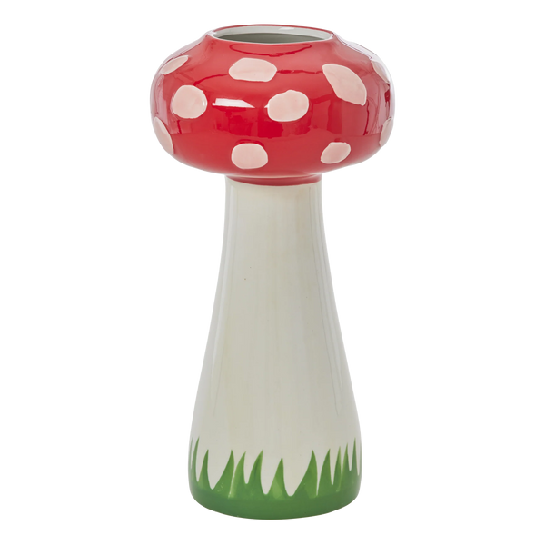 Mushroom-shaped vase with red cap, white spots, and green base on a white background