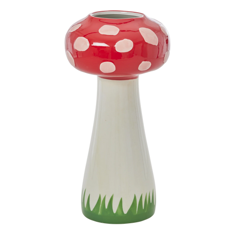 Mushroom-shaped vase with red cap, white spots, and green base on a white background