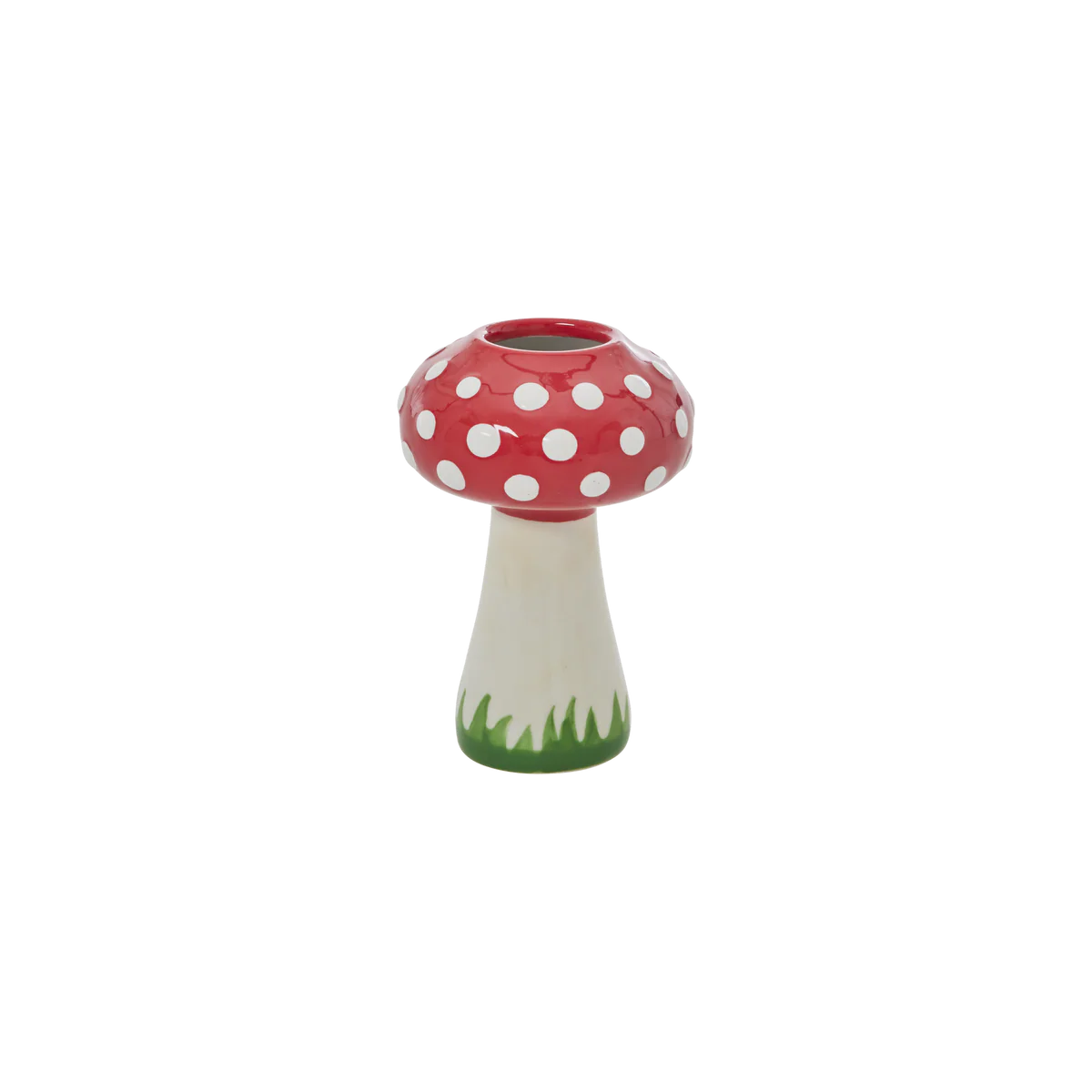 Mushroom-shaped vase with red polka dot cap on a white background