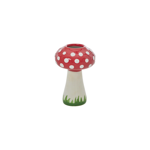 Mushroom-shaped vase with red polka dot cap on a white background
