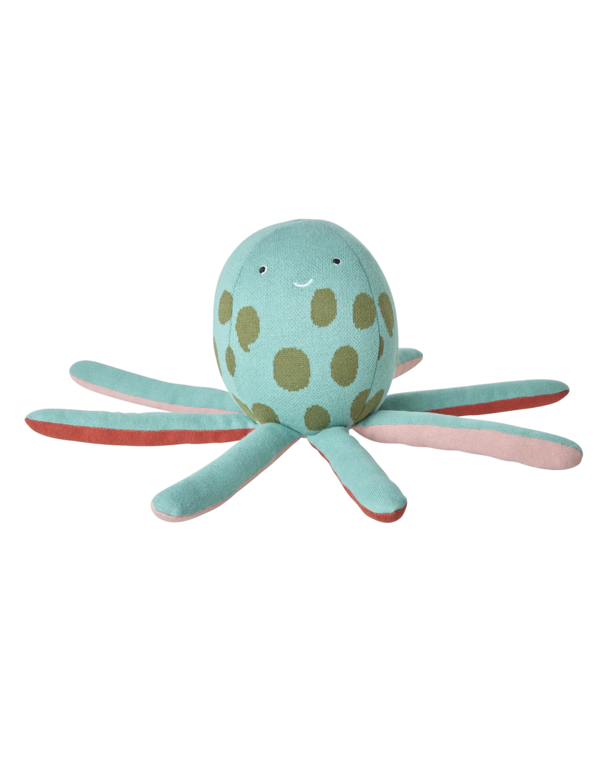 Plush octopus toy with green polka dot pattern on a white background