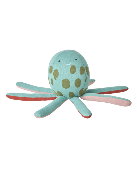 Plush octopus toy with green polka dot pattern on a white background