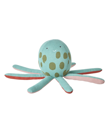 Plush octopus toy with green polka dot pattern on a white background
