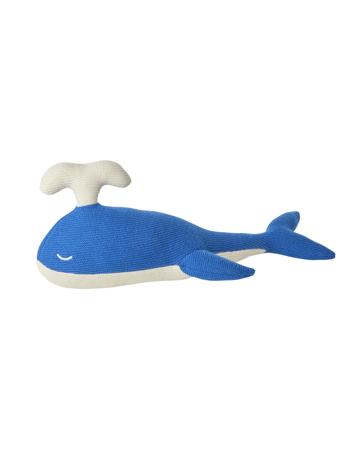 Blue whale-shaped toy on a white background