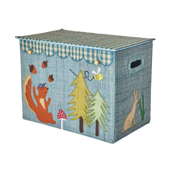 Toy box with forest design featuring animals and nature elements on a white background