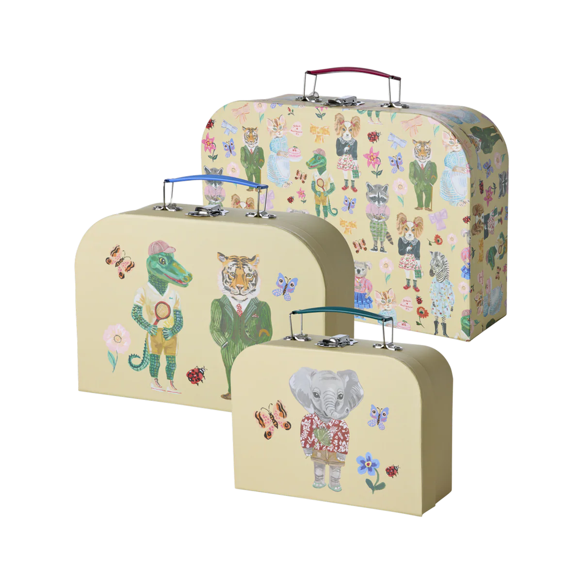 Three children's suitcases with animal-themed designs on a white background